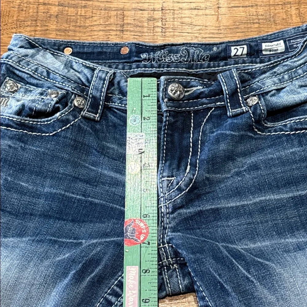 Mid Rise Boot Cut Jeans Flap Back Pockets Embroidered Studded Miss Me Women's 27